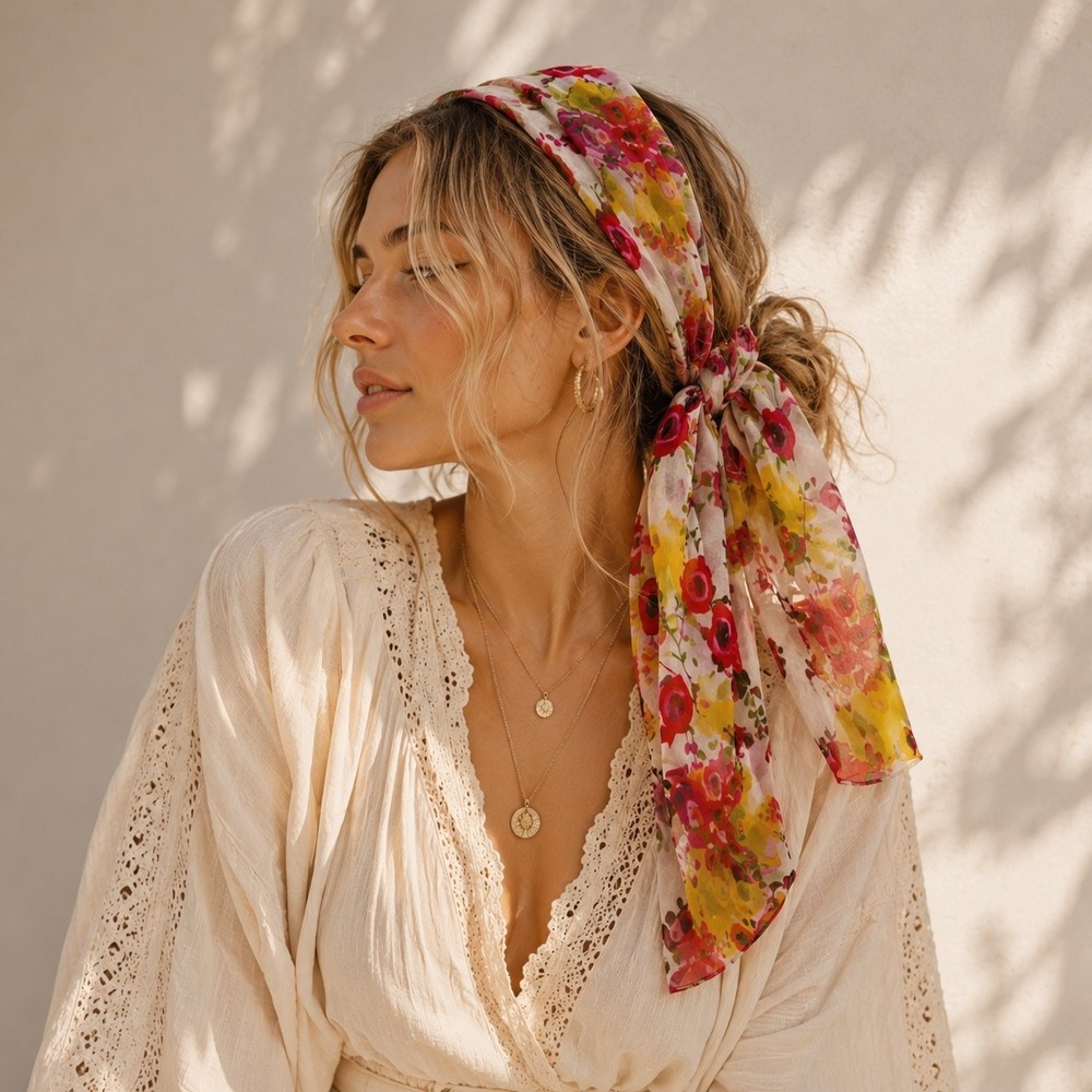 Floral Print Oblong Scarf Womens Red Yellow Y2K Boho Chic Sheer Summer Versatile